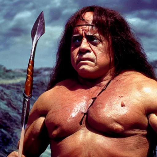 Image similar to danny devito as conan the barbarian, movie still, photorealism