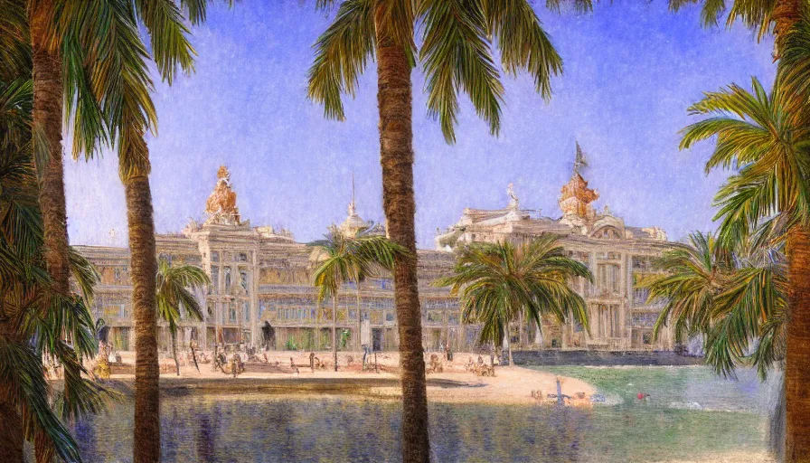 Image similar to a ultradetailed beautiful painting of the amazonas palace balustrade designed by jules bastien - lepage, hans belmer, frank weston and gustave baumann, beach, trending on artstation, mediterranean, palm trees, refracted color sparkles, sharp focus, soft light, 8 k 4 k