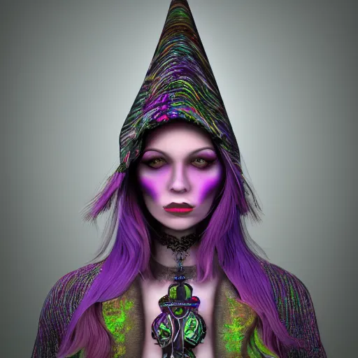 Image similar to psychadelic witch with a witch hat, hyper detailed, flowing psychadelic background intricate and detailed, 8 k, octane render