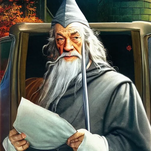 Prompt: gandalf in the drive thru at wendy's working on the weekend by norman rockwell 8 k