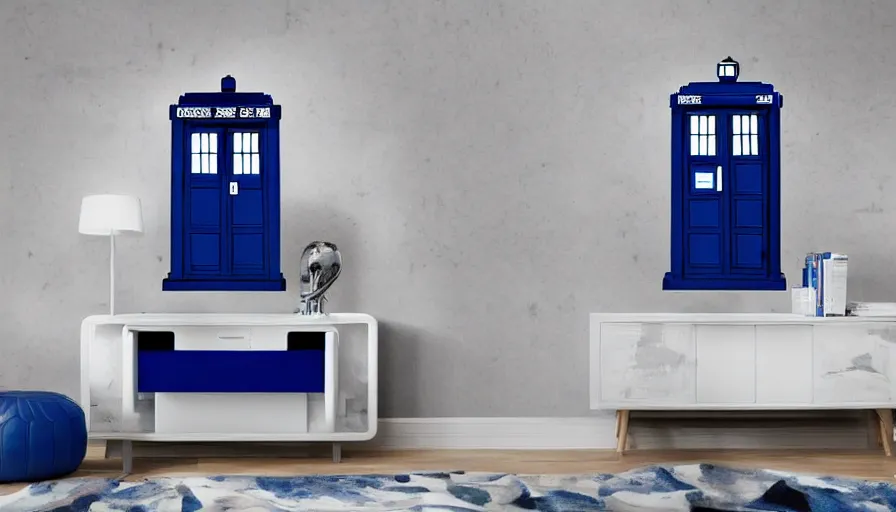 Prompt: TARDIS console, interior, roundels, white walls