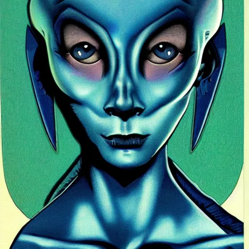 Image similar to portrait of a gorgeous female blue alien, sharp, detailed, in the style of Moebius