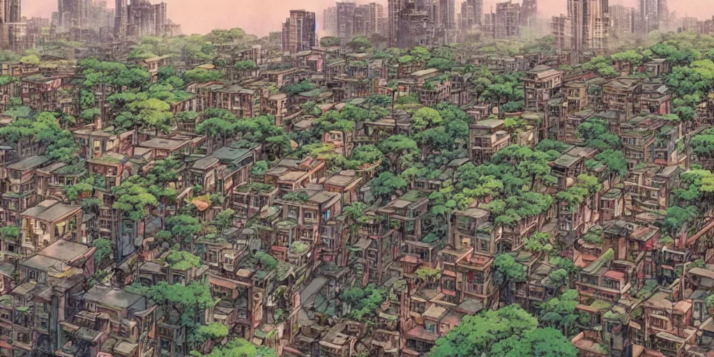 Prompt: screenshot from a studio ghibli anime movie about a forest city, kowloon walled city, ruined buildings, animals and robots