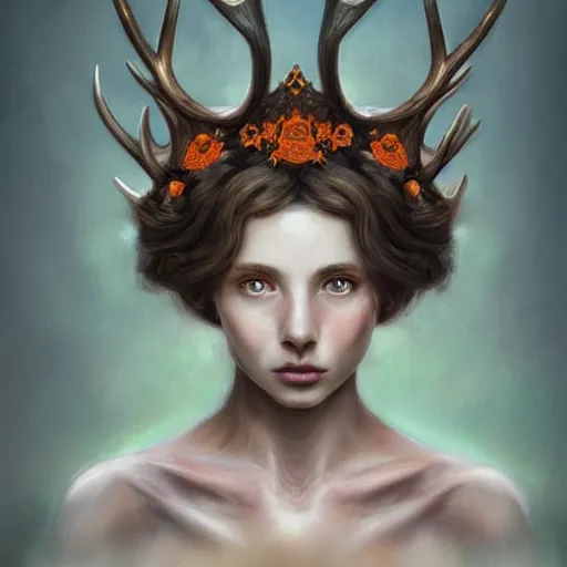 Prompt: A beautiful digital painting of freya allen, teal skin, antler crown made from wood on her head and brown curly hair with orange oak leaves, D&D, fantasy, intricate, beautiful green eyes, cinematic lighting, highly detailed, digital painting, Artstation, concept art, smooth, sharp focus, illustration, art by Artgerm and Greg Rutkowski and Alphonse Mucha