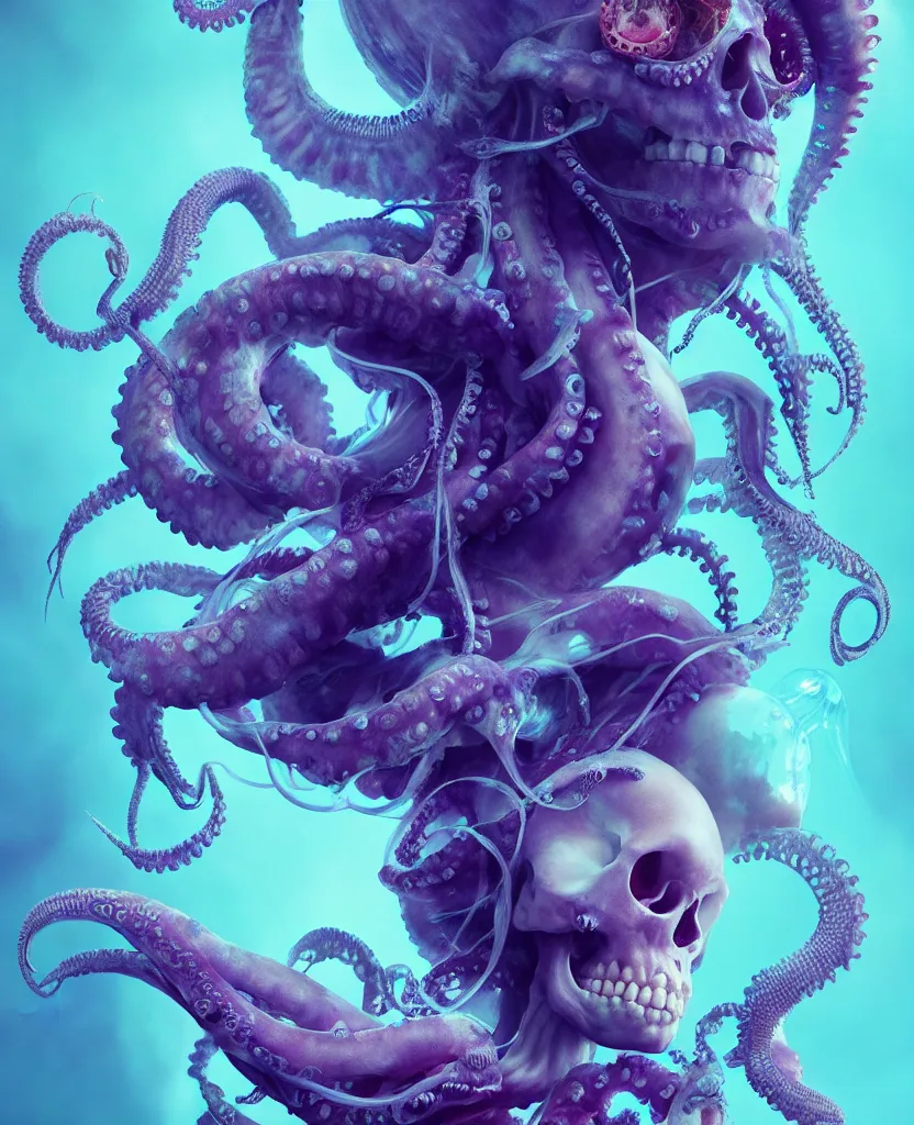 Image similar to goddess close - up portrait human skeleton, ram skull, octopus, jellyfish, orchid, betta fish, bioluminiscent, intricate artwork by tooth wu and wlop and beeple. octane render, trending on artstation, greg rutkowski very coherent symmetrical artwork. cinematic, hyper realism, high detail, octane render, 8 k