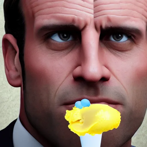 Image similar to Ice cream Emmanuel Macron wearing katanad, realistic, photo studio, HDR, 8k, trending on artstation
