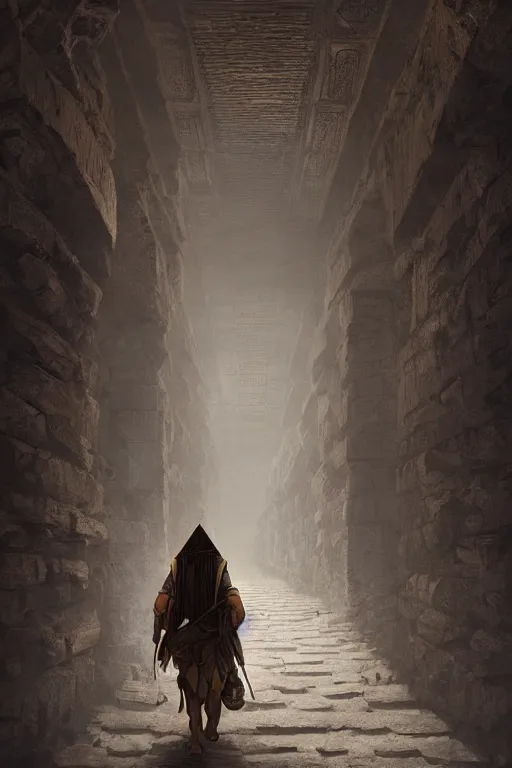 Prompt: a mummy walking down a hallway in a Pyramid, face portrait, raphael lacoste, eddie mendoza, alex ross, concept art, matte painting, highly detailed, rule of thirds, dynamic lighting, cinematic, detailed, denoised, centerd