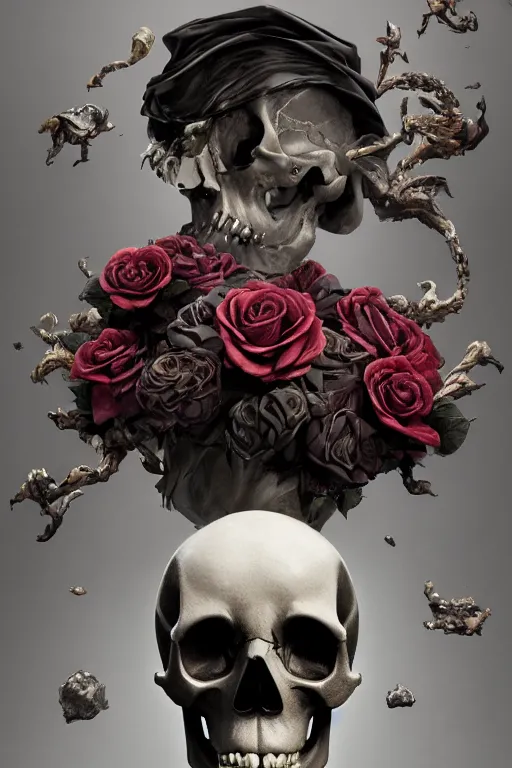 Prompt: skull bust, concept art, technology vs nature, bulletshoot on the left side, roccoco roses explosion of the skull on the right side, photorealistic by michael komarck, greg rutkowski, victo ngai, artgerm, willem claesz heda and j. dickenson