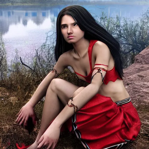 Prompt: Harpy, young woman, red feathered wings, wearing Inka clothes, sad expression, sitting at a pond, mountainous area, trees in the background, trending on artstation