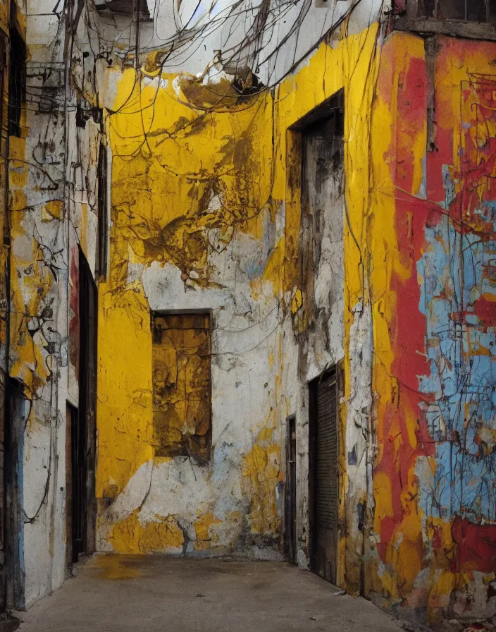 Prompt: vintage color photo of a liquid gold sculpture in a south american alley with white walls, still of a werner herzog documentary