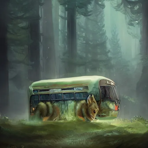 Image similar to Mythical creature - hybrid of bus and wolf, having cabin if form of wolf head and long body of bus with wheels and windows, oil on canvas, fantasy, digital painting, concept art, smooth, sharp focus, illustration, artstation trending, octane render, unreal engine, Ghibli, anime style