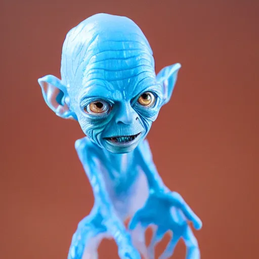 Prompt: gollum from lord of the rings, made out of hard transparent, caustic blue diamonds, rock solid