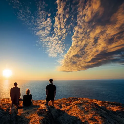 Prompt: a group of people watching sunset on a cliff close to the sea, half of the sky is covered with a close planet, national geographic photo, award winning, 8k