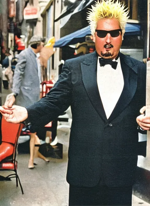 Prompt: vintage mcdonald's commercial depicting guy fieri wearing a tuxedo, by saul leiter