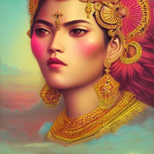 Image similar to portrait of a majestic asian indian queen of beauty, pink and gold, by Anato Finnstark, Tom Bagshaw, Brom