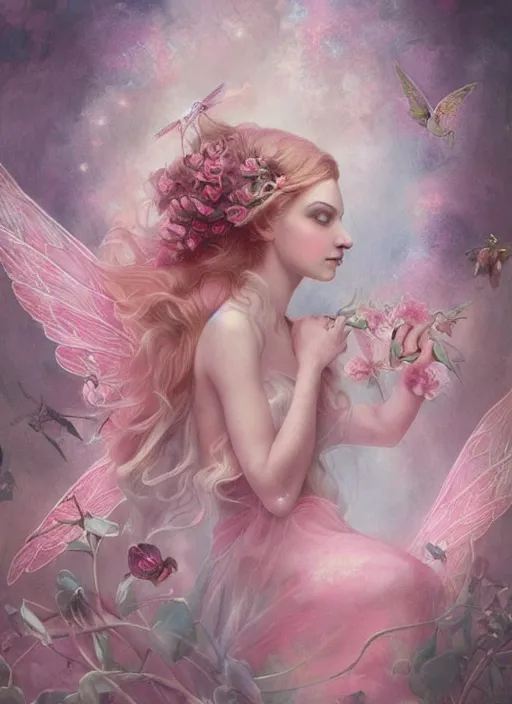 Image similar to a beautiful pink fairy with large wings and long flowing hair exploring her flower garden, style of tom bagshaw, extremely detailed, muted colors