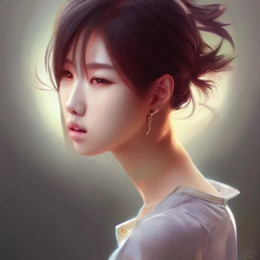 Image similar to portrait of kpop idol, dreamy and ethereal, casual clothes, fierce expression, intricate, highly detailed, digital painting, artstation, concept art, smooth, sharp focus, illustration, art by artgerm and greg rutkowski and alphonse mucha