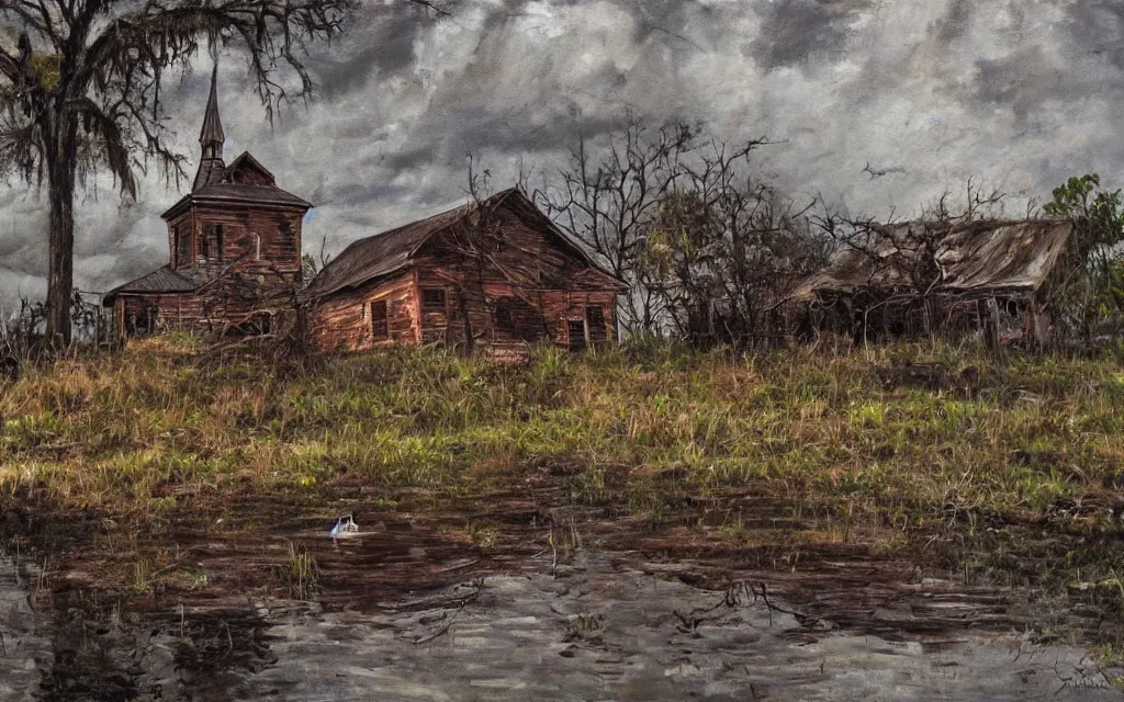 Image similar to an old wooden church rotting away in the bayou, realistic, oil painting, dynamic composition, ultra detailed