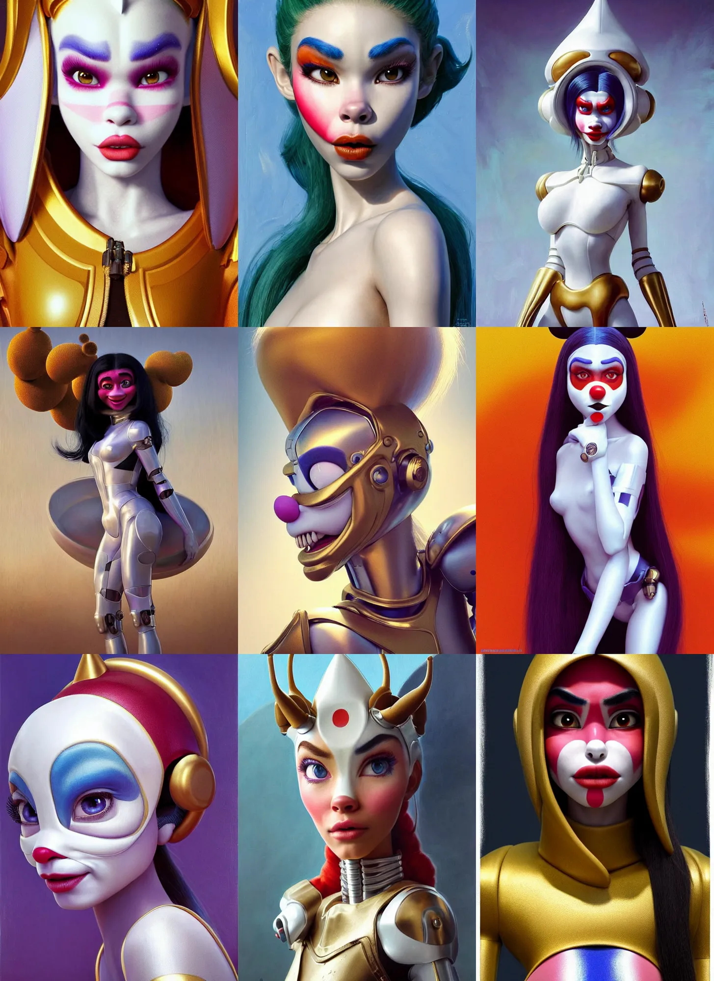 Prompt: madison beer : : 9 bright white polished military clowncore weta cyborg : : 6 disney pixar movie still photo : : 5 soft queen, hi - fructose, sci fi decadent highly - detailed painting, golden ratio, octane render, artstation, smooth, sharp focus, marc simonetti, artgerm, mucha, loish, wlop : : 3