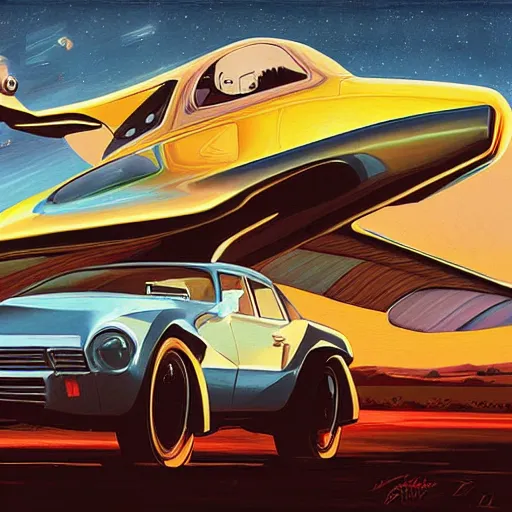 Image similar to a painting of anjelina jolie driving a flying car by dan mumford.