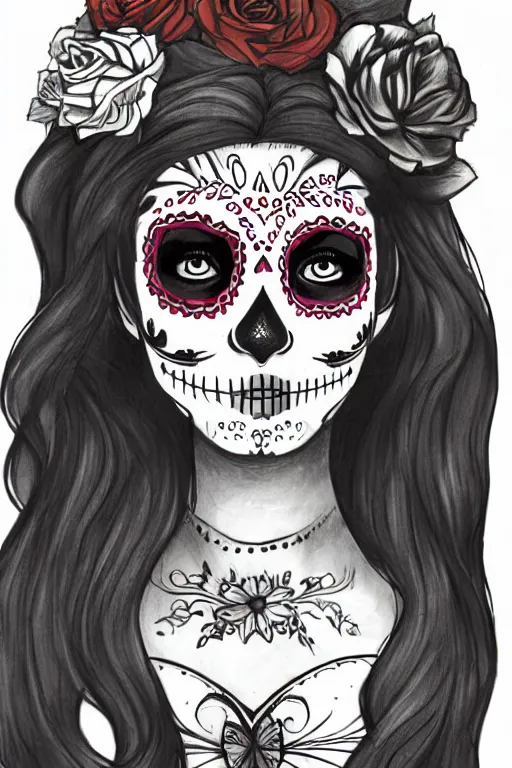 Prompt: illustration of a sugar skull day of the dead girl, art by mokoto shinkai