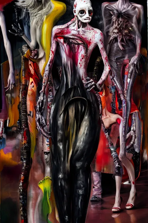 Image similar to crazy fashion catwalk, one model, crazy clothes, biopunk style, horror, hauntingly surreal, highly detailed painting by francis bacon, edward hopper, adrian ghenie, gerhard richter, and james jean soft light 4 k,