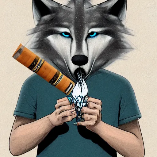 Image similar to A Detailed Award Winning Masterpiece trending on artstation of an Anthropomorphic Wolf smoking a joint,