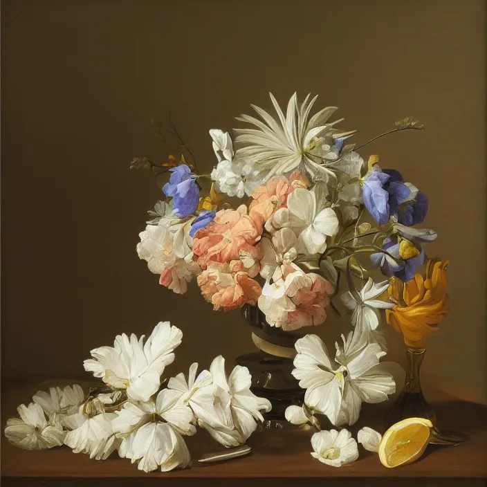 Image similar to still life painting of a beautiful bouquet of flowers by pieter claesz, palm trees in the background, oil on canvas, strong lighting, highly detailed, hyper realism, golden hour, god rays, hd, 4 k