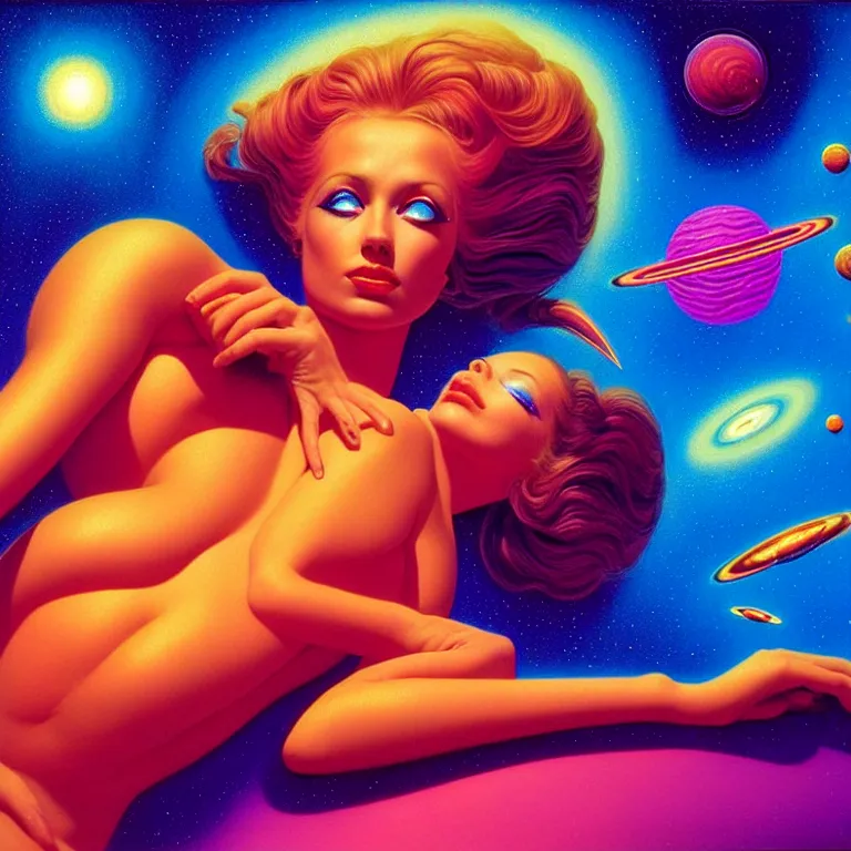 Image similar to cosmic girl, 2 0 yo, reclining close - up, bright neon colors, highly detailed, cinematic, panoramic, tim white, michael whelan, roger dean, bob eggleton, philippe druillet, vladimir kush, kubrick, alfred kelsner, boris vallejo