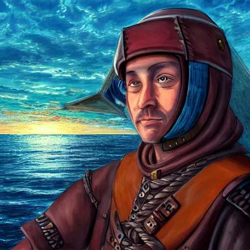 Prompt: portrait of a medieval ship pilot on a ship looking into the sunset on the sea, wearing breastplate, digital art, bokah, high fantasy art style