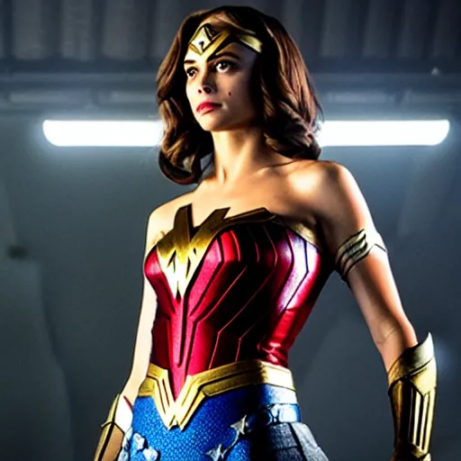 Prompt: film still of willa holland as an attractive wonder woman in the 2 0 1 7 film justice league, bleach blonde hair, focus - on - facial - details!!!!!!!!!!!!, minimal bodycon feminine costume, dramatic cinematic lighting, front - facing perspective, promotional art