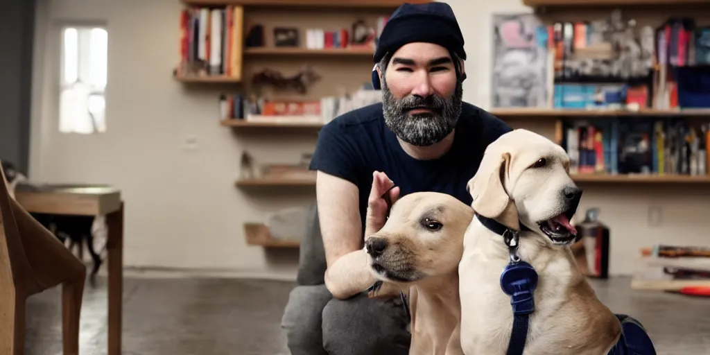 Prompt: adam buxton in a studio interviewing a dog, dog talking, clever dog in hat, interesting expressions, minimal, photorealistic