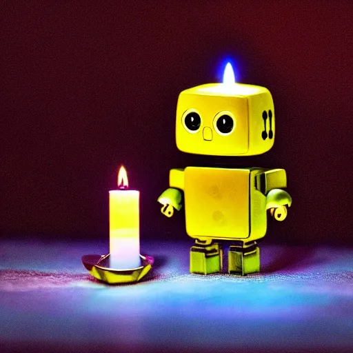 Image similar to a cute little robot sitting on a pen with a lit candle in the background by maxvanzwerg