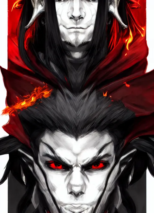 Image similar to Half body portrait of a handsome elf fire mage with long black hair wearing ornate scarlet robe, crazy grin, flame, anarchy. In style of Yoji Shinkawa and Hyung-tae Kim, trending on ArtStation, dark fantasy, great composition, concept art, highly detailed, dynamic pose.