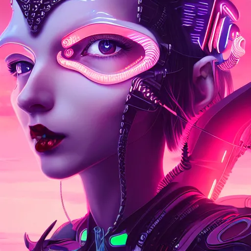 Image similar to portrait futuristic Devil Girl with horns and wings, in future cyberpunk tokyo rooftop , ssci-fi, fantasy, intricate, very very beautiful, elegant, human anatomy, neon light, highly detailed, digital painting, artstation, concept art, smooth, sharp focus, illustration, art by tian zi and WLOP and alphonse mucha