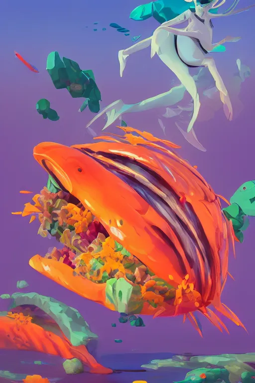 Image similar to 3 d render creature animal sushi cristal eye roots cactus fish wing elemental flush of force nature micro world fluo, art gta 5 cover, official fanart behance hd artstation by jesper ejsing, by rhads, makoto shinkai and lois van baarle, ilya kuvshinov, ossdraws