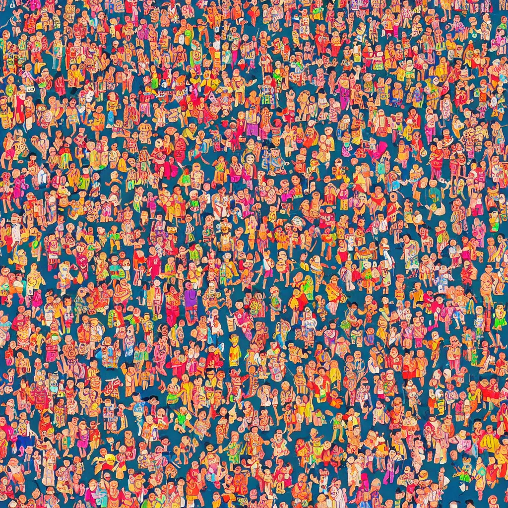 Prompt: a Where's Wally of a chinese prison by lisa frank, beautiful, bold colors, detailed, high resolution, realistic, intricate