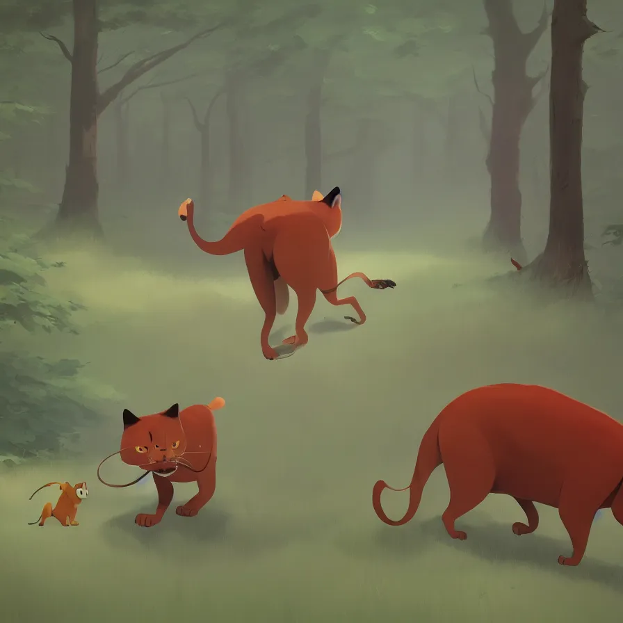 Image similar to Goro Fujita illustrating a big cat calmly walking through the forest, by Goro Fujita, concept art, sharp focus, highly detailed, ArtStation