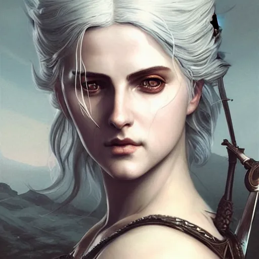 Image similar to Pre-Raphaelite Ciri from Witcher 3 by Artgerm and Greg Rutkowski, intricate, elegant, highly detailed, digital painting, pale