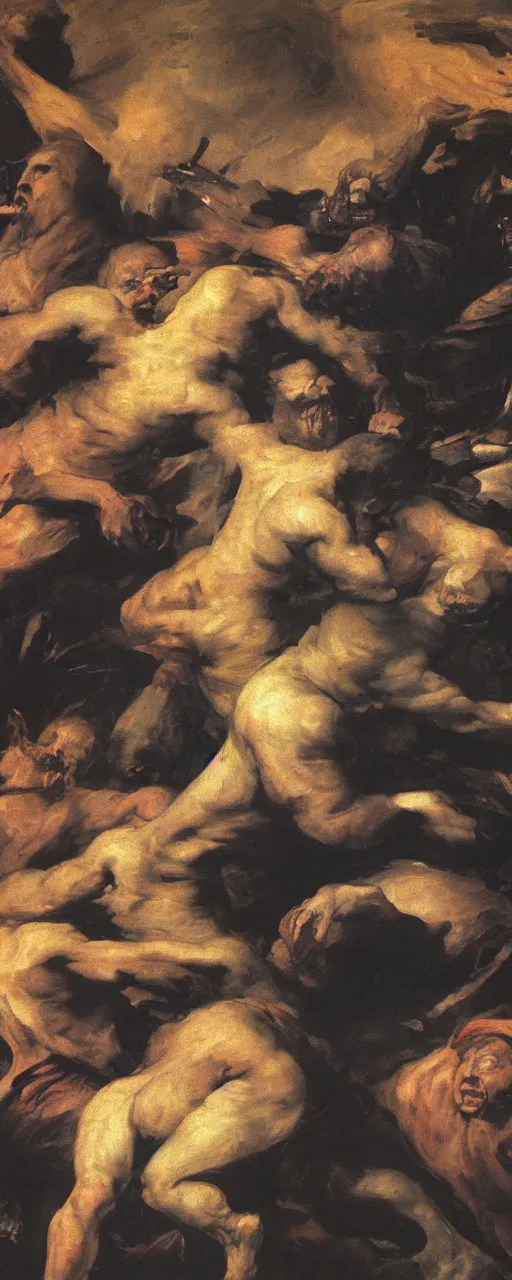 Prompt: a detail of a panting by francisco goya and ernst fuchs, war, fire, dark stone, explosions, angry faces fighting eachother, 8 k, trending on artstation.