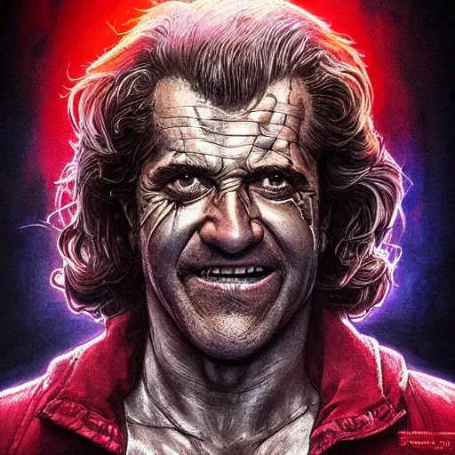 Prompt: portrait of Mel Gibson as a Stranger Things villain, bloody, sinister, intricate, headshot, highly detailed, digital painting, artstation, concept art, sharp focus, illustration, art by artgerm and greg rutkowski and alphonse mucha