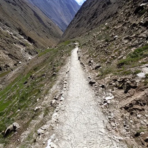 Image similar to POV: walking a dirt path in the tibetan mountains, bordering a cliff, manga art