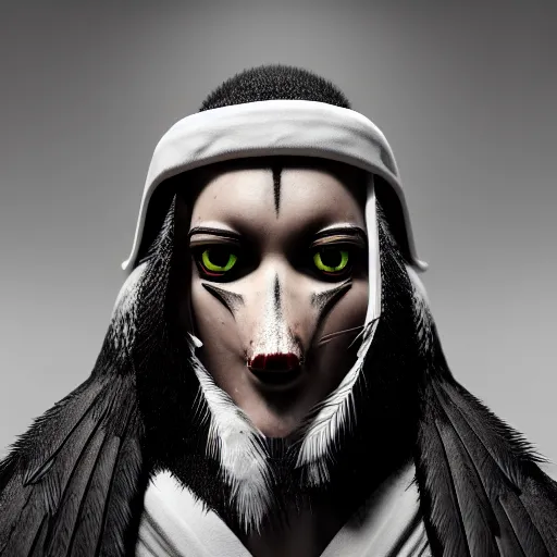 Image similar to wearing cultist white robe, the mallard order in background, black feathers, glowing arcane eyes, very detailed black feathers, ultra detailed, cgi, photorealistic, unreal engine 5, nft portrait, 3 d, digital art, 8 k, octane render, trending on art station,