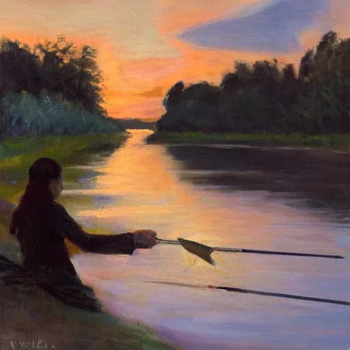 Prompt: a girl fishing at a river, finishing for sturgeon at sunset, oil painting