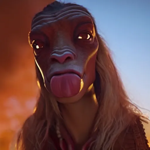 Image similar to film still of jar jar binks as a female cowgirl, long eyeslashes, big juicy lips, big seductive eyes, dramatic cinematic lighting, beautiful magic hour lighting, dolce & gabbana campaign