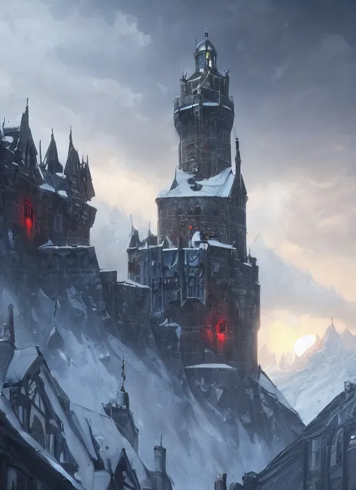 Image similar to a painting of a castlevania, dishonored 2 style castle in the middle of a snowy mountain, a detailed matte painting by andreas rocha and greg rutkowski, featured on artstation, fantasy art, matte drawing, matte painting, artstation hq