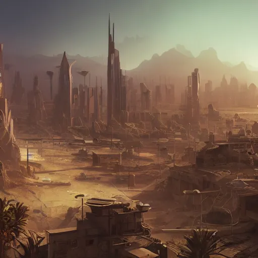 Image similar to a solarpunk desert city, beautiful dynamic lighting, cinematic, wide angle establishing shot, extremely high detail, photo realistic, cinematic lighting, post processed, concept art, artstation, matte painting, style by eddie mendoza, raphael lacoste, alex ross, volumetric lighting, light rays, photorealistic, ultrarealistic, moody, coronarender, 8k