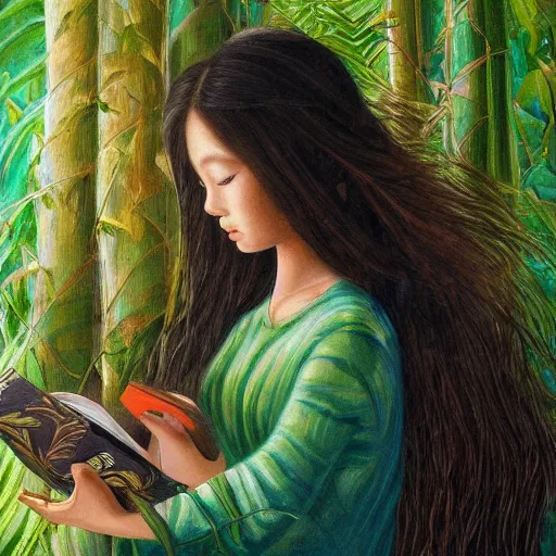 Image similar to a girl in a jungle with book, her hair flowing down, subtle, intricate details, real masterpiece, oil on canvas, by somsak anong