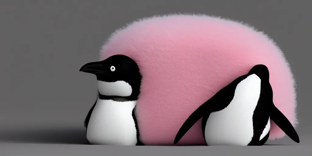 Image similar to realistic penguin sitting in an pink fluffy bed waving, hyper detailed, trending on artstation