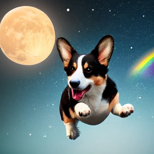 Image similar to a black and white corgi jumping over a sunset moon with a rainbow galaxy background detailed render 8 k